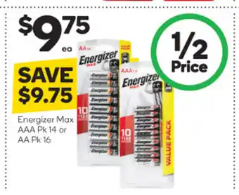 Woolworths Energizer Max AAA Pk 14 or AA pk 16 offer