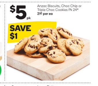 Woolworths Anzac Biscuits, Choc Chip or Triple Choc Cookies pk 24 offer