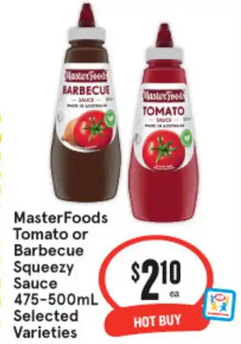 IGA MasterFoods Tomato or Barbecue Squeezy | Sauce 475-500ml offer