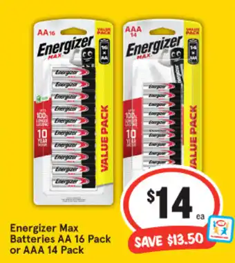 IGA Energizer Max Batteries AA 16 Pack  or AAA 14 Pack offer