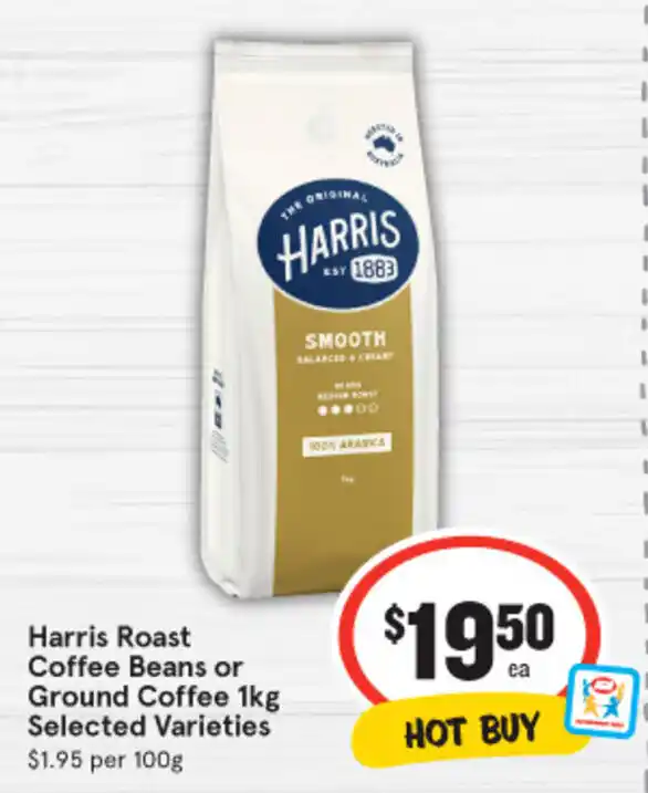 Harris Roast Coffee Beans or Ground Coffee 1kg offer at IGA