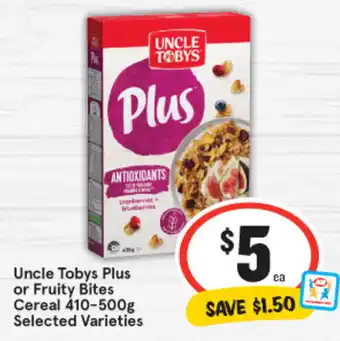 IGA Uncle Tobys Plus or Fruity Bites Cereal 410-500g offer