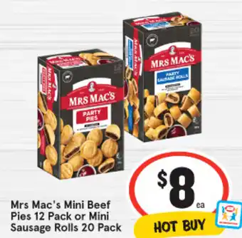 IGA Mrs Mac's Mini Beef Pies 12 Pack or Mini Sausage Rolls 20 Pack offer