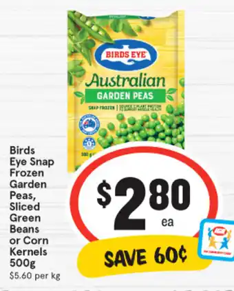 IGA Birds Eye Snap Frozen Garden Peas, Sliced Green Beans or Corn Kernels 500g offer