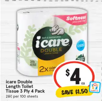 IGA icare Double Length Toilet Tissue 3 Ply 4 Pack offer