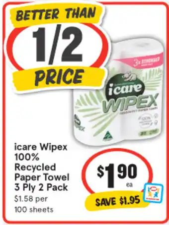 IGA icare Wipex 100% Recycled Paper Towel 3 Ply 2 Pack offer