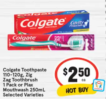 IGA Colgate Toothpaste 110-120g Zig Zag Toothbrush 1 Pack or Plax Mouthwash 250mL offer