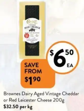 Brownes Dairy Aged Vintage Cheddar or Red Leicester Cheese 200g