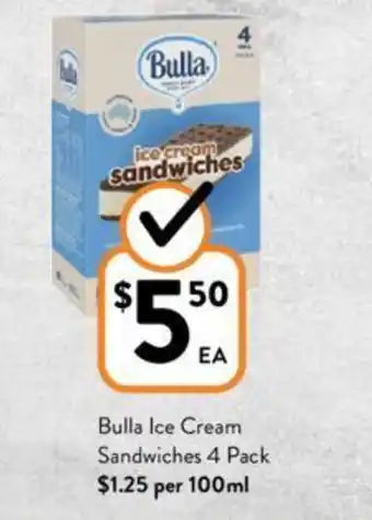 Foodworks Bulla Ice Cream Sandwiches 4 Pack offer