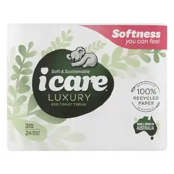 Woolworths Icare 100% Recycled Toilet Tissues 3 Ply 180 Sheets Pk 24 offer