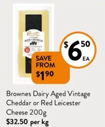 Foodworks Brownes Dairy Aged Vintage Cheddar or Red Leicester Cheese 200g offer