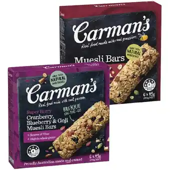 Woolworths Carman’s Muesli Bars 150-270g Pk 5/6 offer