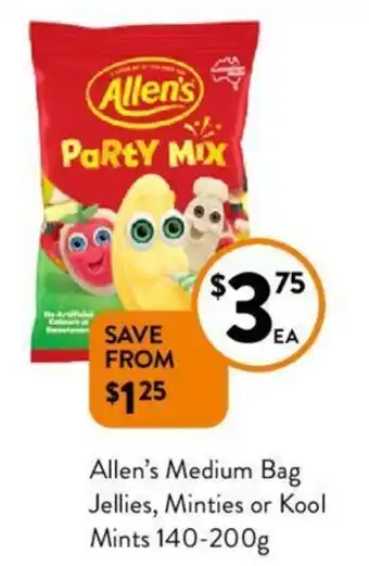 Foodworks Allen's Medium Bag Jellies, Minties or Kool Mints 140-200g offer
