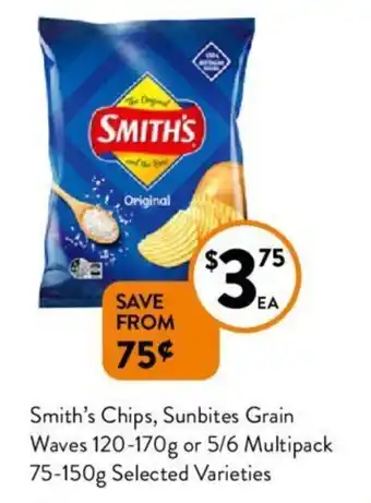 Foodworks Smith's Chips, Sunbites Grain Waves 120-170g or 5/6 Multipack 75-150g offer