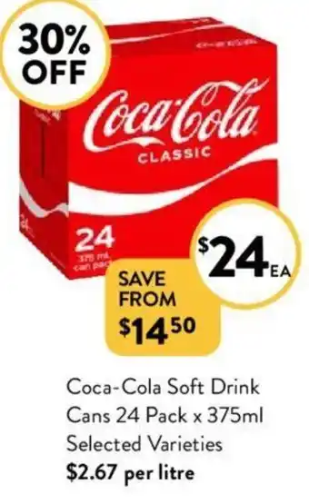 Foodworks Coca-Cola Soft Drink Cans 24 Pack x 375ml offer