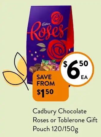 Foodworks Cadbury Chocolate Roses or Toblerone Gift Pouch 120/150g offer