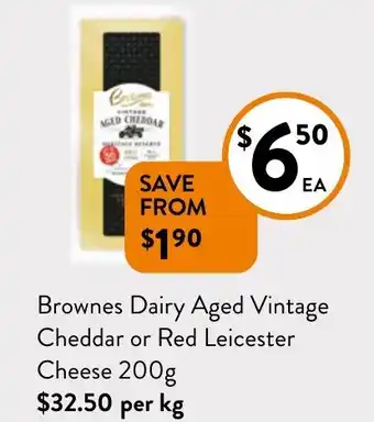 Foodworks Brownes Dairy Aged Vintage Cheddar or Red Leicester Cheese 200g offer
