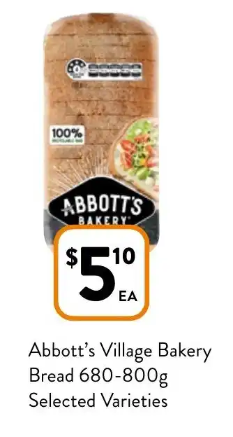 Foodworks Abbott's Village Bakery Bread 680 800g offer