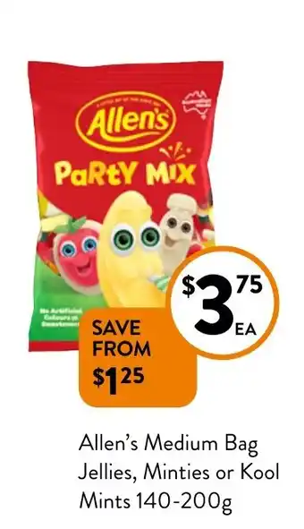 Foodworks Allen's Medium Bag Jellies Minties or Kool Mints 140-200g offer