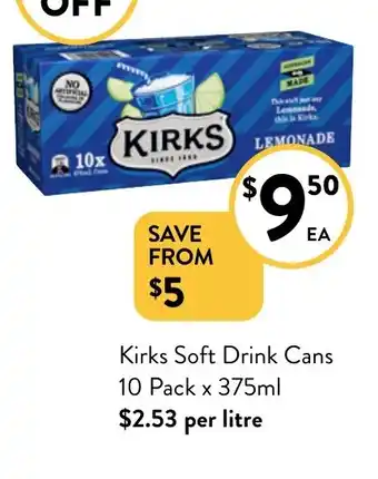 Foodworks Kirks Soft Drink Cans 10 Pack x 375ml offer