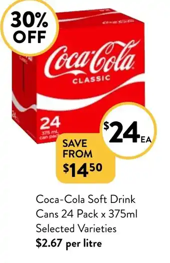 Foodworks Coca Cola Soft Drink Cans 24 Pack x 375ml offer