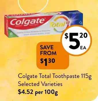 Foodworks Colgate Total Toothpaste 115g offer
