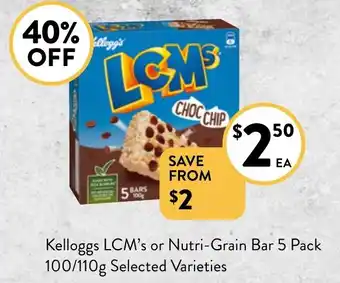 Foodworks Kelloggs LCM's or Nutri-Grain Bar 5 Pack 100/110g offer