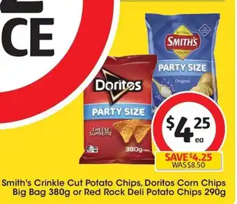 Coles Smith's Crinkle Cut Potato Chips, Doritos Corn Chips Big Bag 380g or Red Rock Deli Potato Chips 290g offer