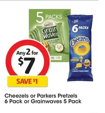 Coles Cheezels or Parkers Pretzels 6 Pack or Grainwaves 5 Pack offer
