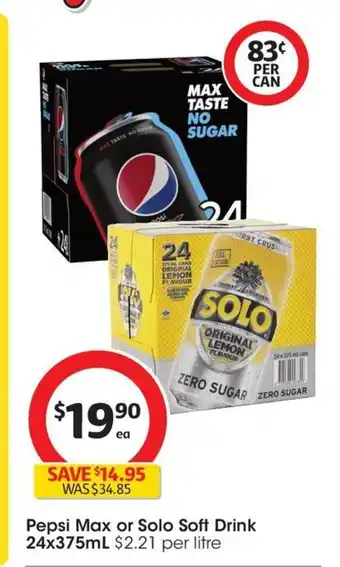 Coles Pepsi Max or Solo Soft Drink 24x375mL offer