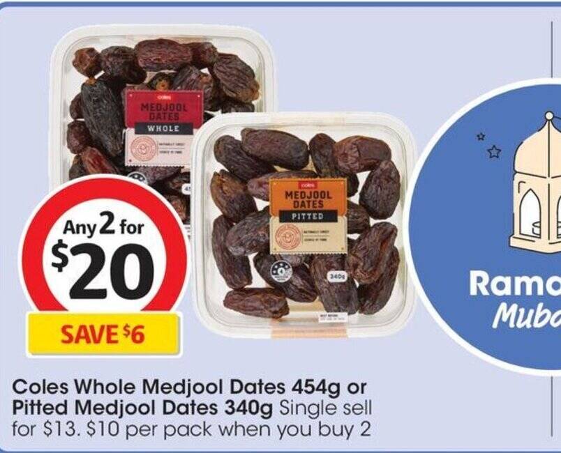 Coles Whole Medjool Dates 454g or Pitted Medjool Dates 340g offer at Coles