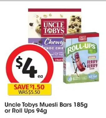 Coles Uncle Tobys Muesli Bars 185g or Roll Ups 94g offer