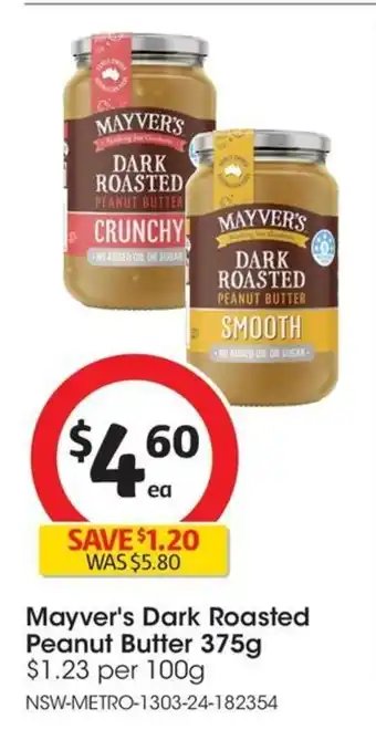 Coles Mayver's Dark Roasted Peanut Butter 375g offer