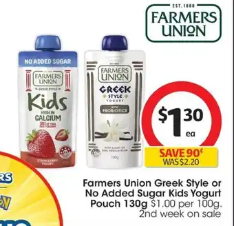 Coles Farmers Union Greek Style or No Added Sugar Kids Yogurt Pouch 130g offer