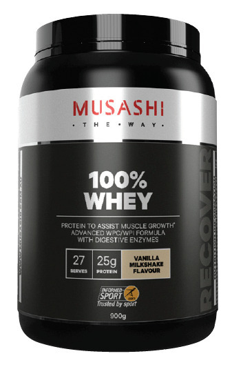 Discount Drug Stores Musashi 100% whey vanilla milkshake flavour 900g offer