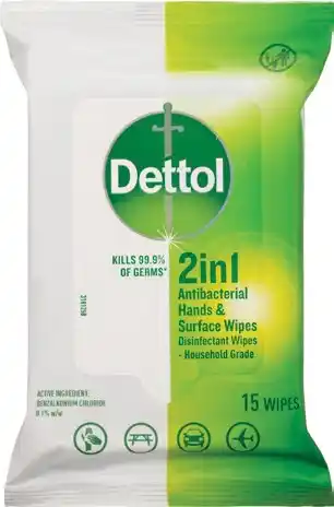 Good Price Pharmacy Dettol 2 In 1 Antibacterial Wipes 15 Pack offer