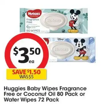Coles Huggies Baby Wipes Fragrance Free or Coconut Oil 80 Pack or Water Wipes 72 Pack offer