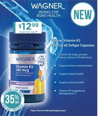 Chemist Warehouse Wagner Vitamin K2 180mcg 60 Softgel Capsules offer