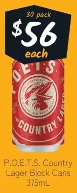 P.O.E.T.S. Country Lager Block Cans 375mL 30 pack