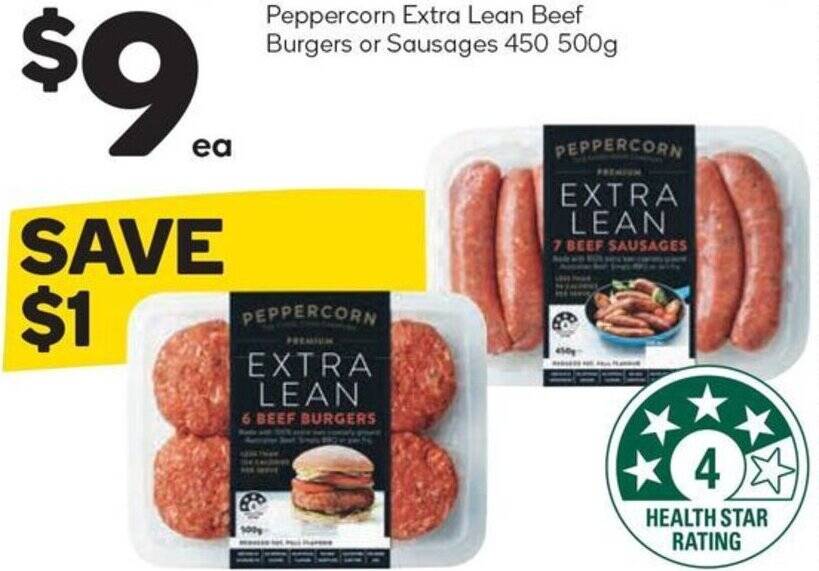 Peppercorn Extra Lean Beef Burgers or Sausages 450 500g offer at