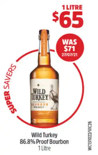 Woolworths Wild Turkey 86.8% Proof Bourbon 1L offer