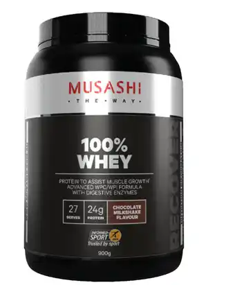 Pharmacy4Less Musashi 100% whey 900g chocolate milkshake flavour offer