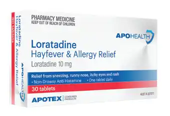 Apohealth loratadine hayfever and allergy relief 30 tablets
