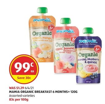 ALDI Mamia Organic Breakfast 6 Months+ 120g offer