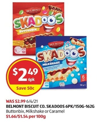 ALDI Belmont Biscuit Co. Skadoos 6PK/150g-162g offer