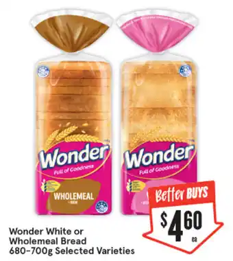 IGA Wonder White or Wholemeal Bread 680-700g offer