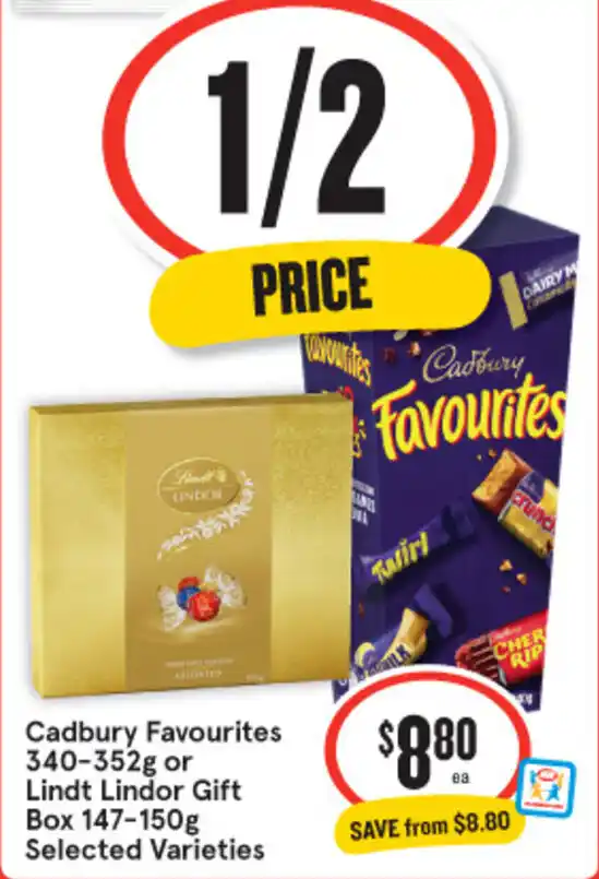 Cadbury Favourites 340-352g or Lindt Lindor Gift Box 147-150g offer at IGA