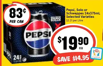 Ritchies Pepsi, Solo or Schweppes 24x375mL offer