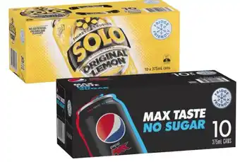 Coles Pepsi, Solo or Schweppes Soft Drink 10x375mL offer