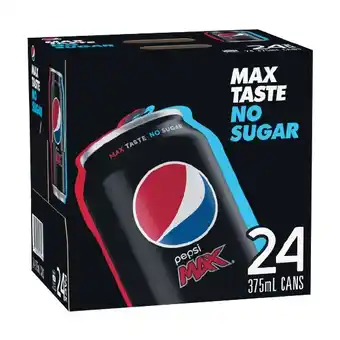 Woolworths Pepsi Max, Solo No Sugar, Mountain Dew No Sugar, Sunkist No Sugar or Schweppes Lemonade Zero Soft Drink Varieties 24 x 375ml offer